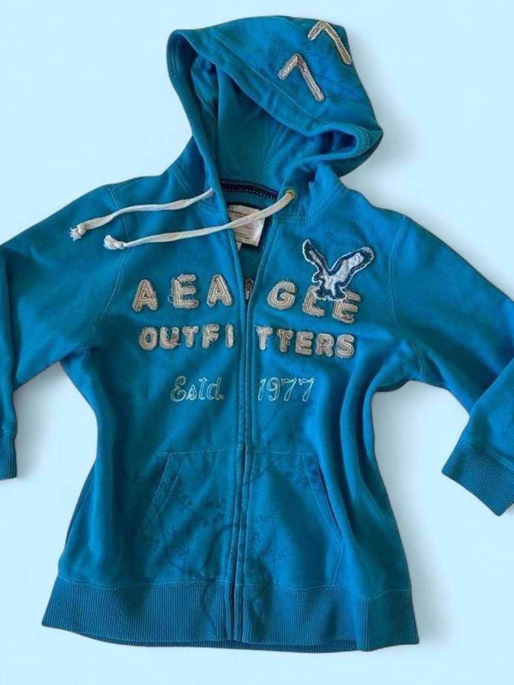 Y2K American Eagle Outfitters Teal Zip-Up Hoodie 3/4 Sleeves